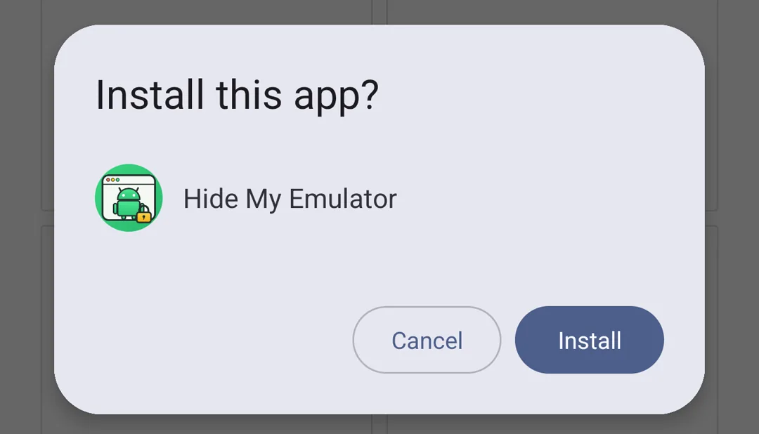 Android package installer asking to install Hide My Emulator, with the Install button