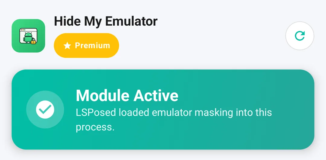 Top of the Status tab after subscribing: the gold Premium pill under the app name and the Module Active card